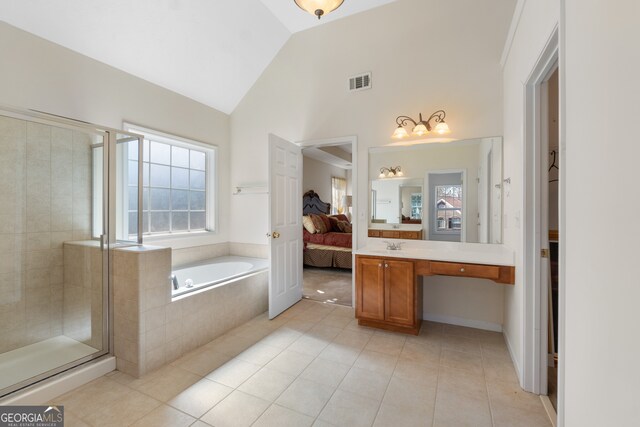 bathroom featuring a garden tub, a shower stall, visible vents, and ensuite bathroom