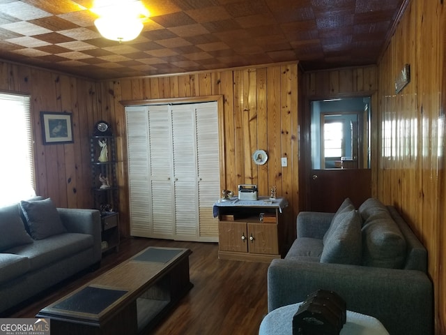 living area with dark wood-style flooring and wooden walls