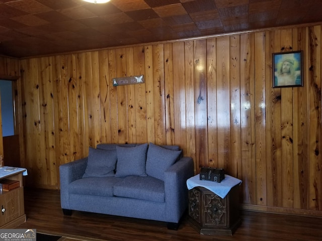 living area with wood walls and wood finished floors