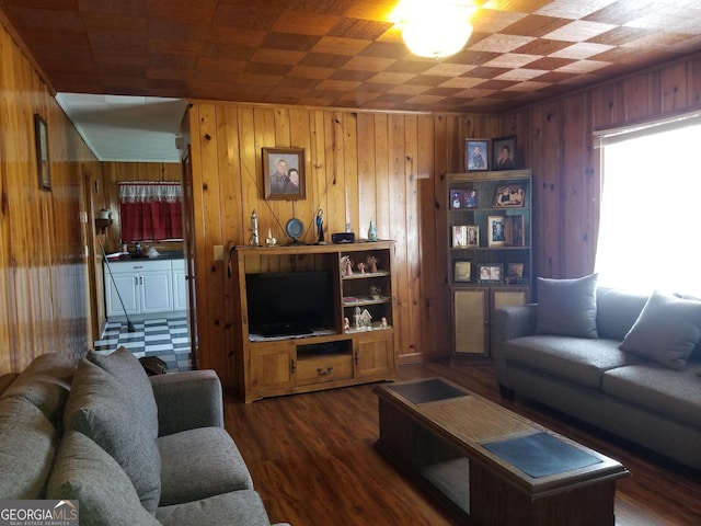 living room featuring dark wood-style floors and wooden walls