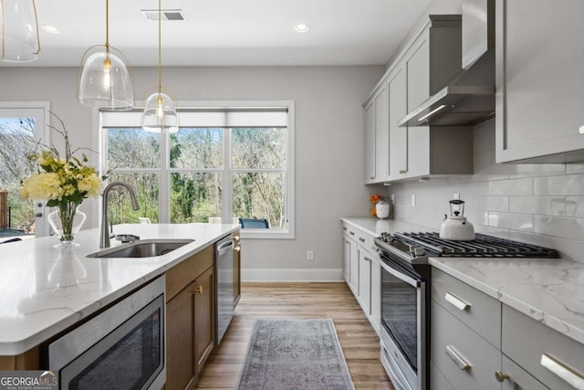 kitchen featuring stainless steel appliances, visible vents, decorative backsplash, a sink, and wall chimney range hood