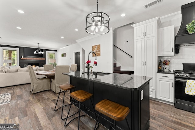 kitchen with visible vents, dark wood-style floors, premium range hood, a sink, and gas stove