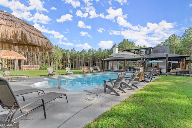 view of swimming pool with a fenced in pool, a yard, a patio, a gazebo, and fence