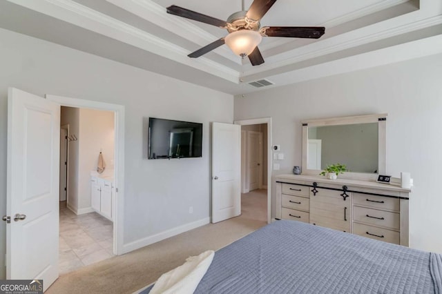 bedroom featuring light colored carpet, visible vents, baseboards, a raised ceiling, and crown molding