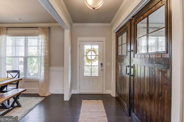 foyer featuring ornamental molding, a wealth of natural light, and dark wood-style flooring