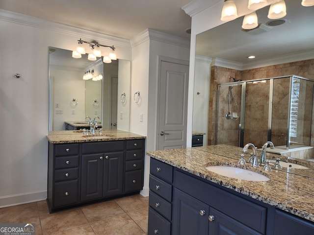 bathroom featuring visible vents, two vanities, ornamental molding, a sink, and a shower stall