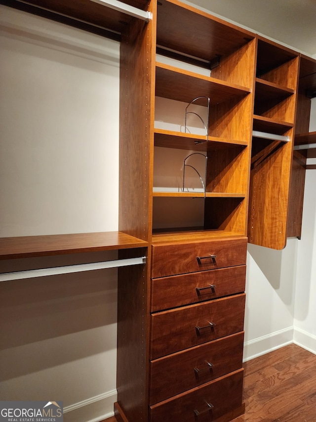 spacious closet with dark wood-style flooring