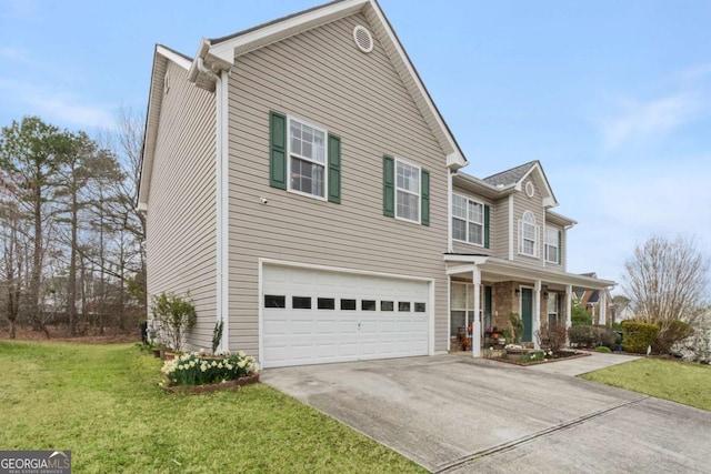 traditional-style house featuring a garage, a porch, concrete driveway, and a front yard