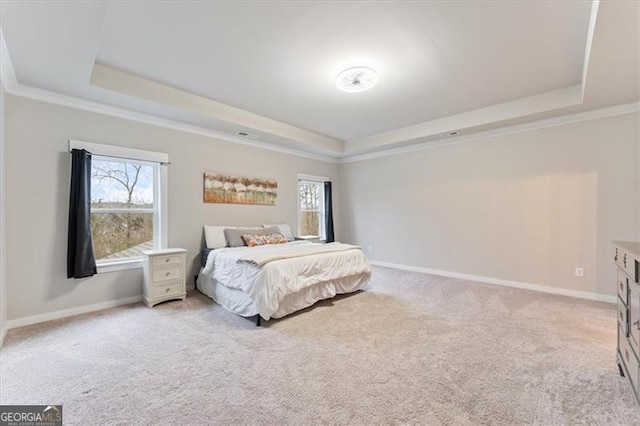 bedroom with a tray ceiling, multiple windows, and baseboards