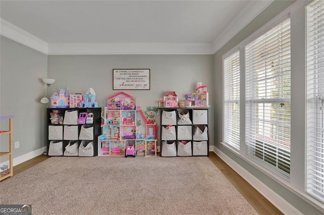 recreation room featuring baseboards and crown molding