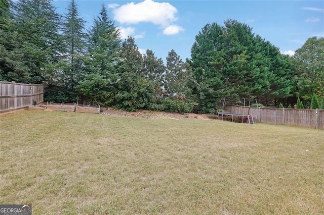 view of yard featuring a fenced backyard and a trampoline