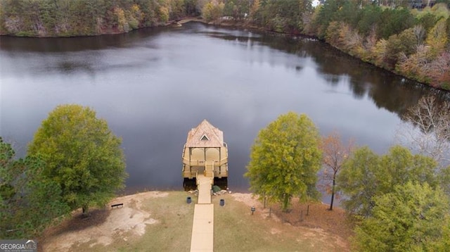 drone / aerial view featuring a water view