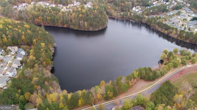 bird's eye view with a forest view and a water view