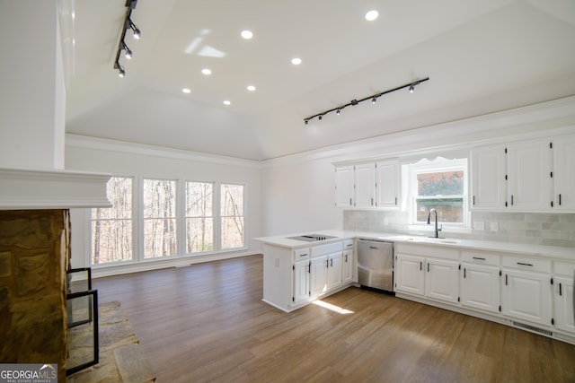 kitchen featuring a sink, a peninsula, decorative backsplash, black electric stovetop, and dishwasher