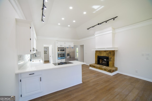 kitchen with a sink, dark wood-style floors, a peninsula, appliances with stainless steel finishes, and vaulted ceiling