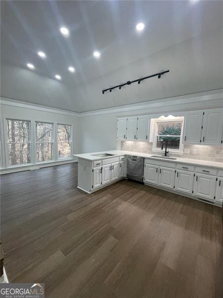 kitchen with a peninsula, dark wood-type flooring, white cabinets, light countertops, and stainless steel dishwasher