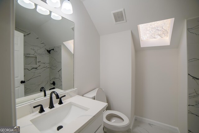full bath featuring visible vents, walk in shower, toilet, vaulted ceiling, and marble finish floor