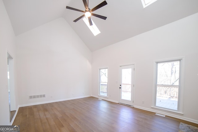 unfurnished living room featuring visible vents, high vaulted ceiling, wood finished floors, a skylight, and ceiling fan