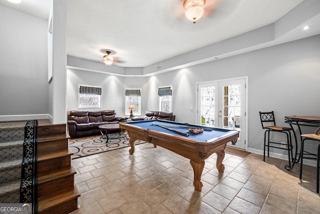 game room with pool table, french doors, and baseboards