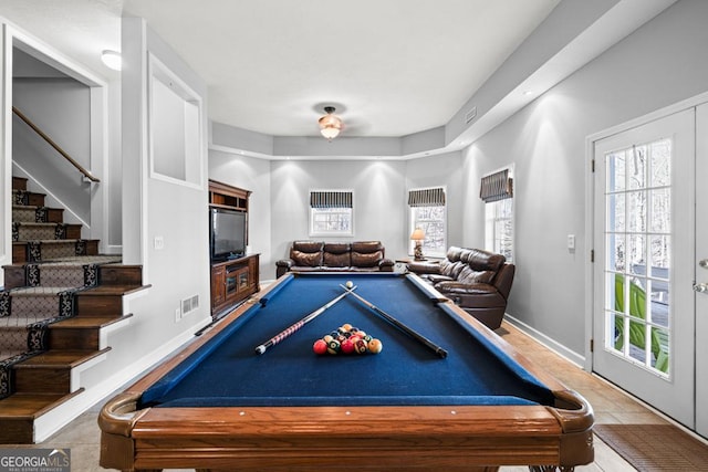 game room featuring billiards, visible vents, baseboards, and tile patterned floors