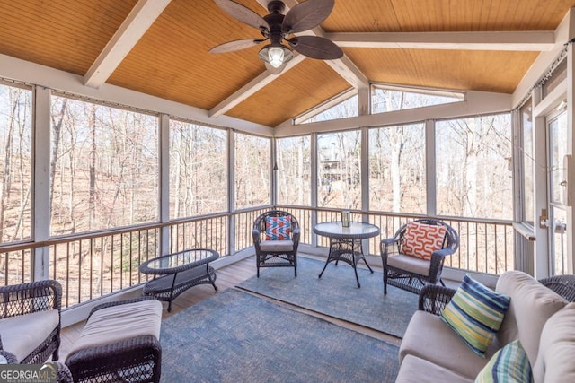 sunroom featuring lofted ceiling with beams, ceiling fan, and wooden ceiling