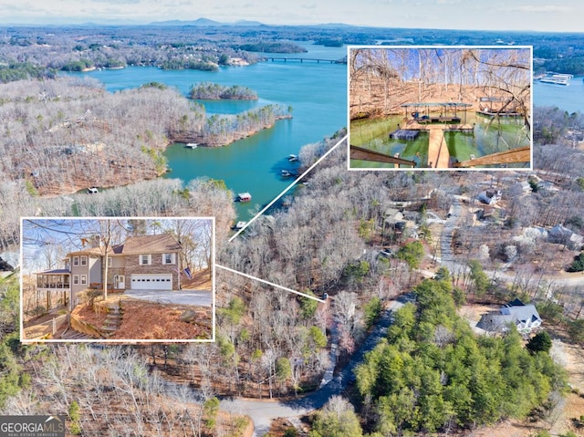 bird's eye view featuring a water view and a view of trees