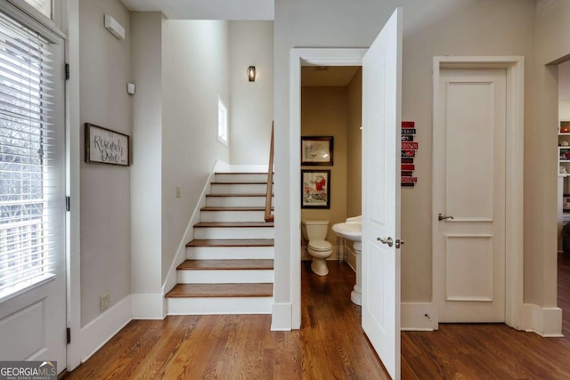 staircase featuring baseboards and wood finished floors