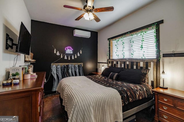 bedroom with ceiling fan and a wall mounted air conditioner