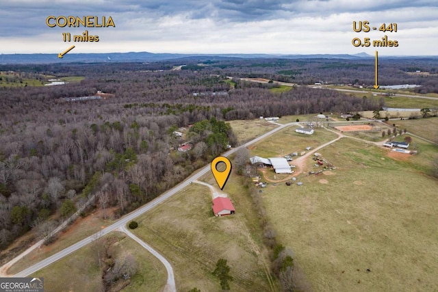 bird's eye view with a rural view, a mountain view, and a wooded view