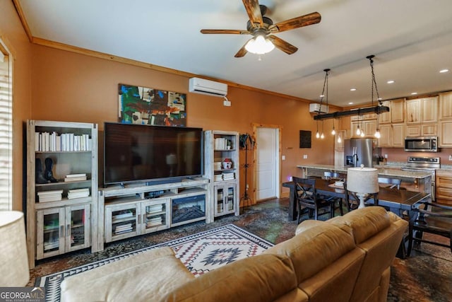 living area with recessed lighting, ceiling fan, crown molding, and a wall mounted AC