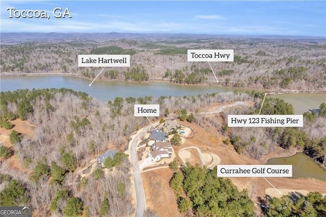 aerial view featuring a water view and a wooded view