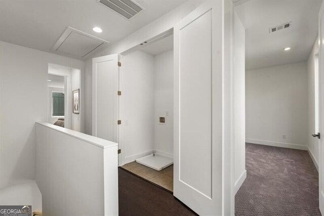 241 Maynard Ter SE Unit 17, Atlanta, GA 30316 - hallway featuring carpet floors, an upstairs landing, visible vents, and attic access