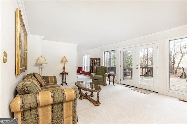 living area featuring carpet, ornamental molding, a wealth of natural light, and french doors