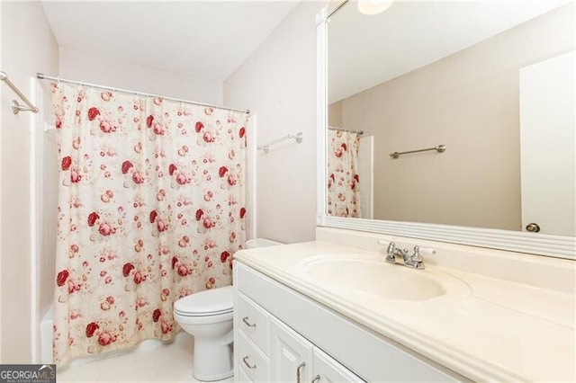 full bath featuring shower / bath combination with curtain, vanity, and toilet