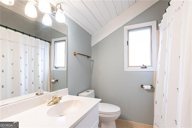 full bathroom with a shower with shower curtain, lofted ceiling, wooden ceiling, toilet, and vanity