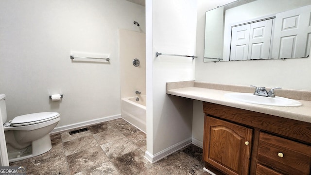 bathroom with shower / tub combination, toilet, vanity, visible vents, and baseboards