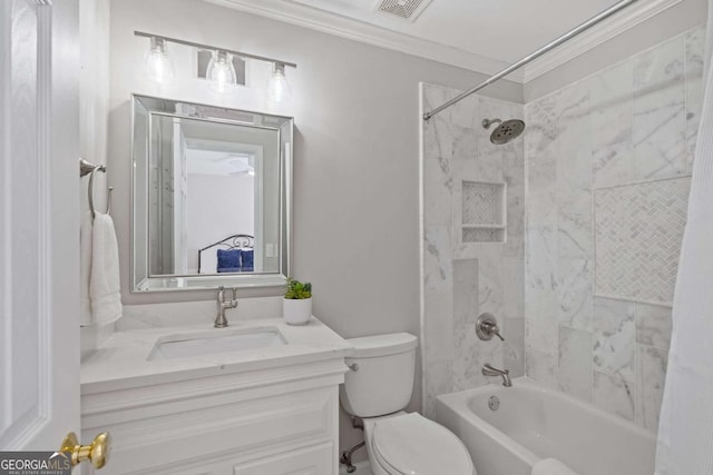 bathroom featuring bathing tub / shower combination, visible vents, toilet, ornamental molding, and vanity