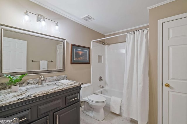 bathroom with tile patterned flooring, toilet, vanity, visible vents, and ornamental molding