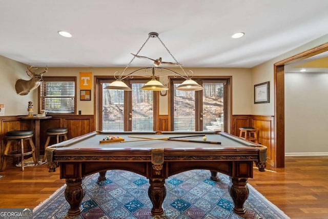 game room with a wainscoted wall, pool table, wood finished floors, and recessed lighting