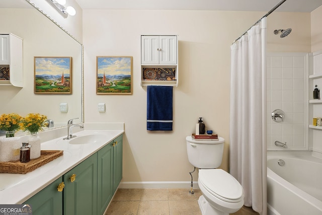 bathroom featuring baseboards, toilet, tile patterned flooring, shower / bath combination with curtain, and vanity