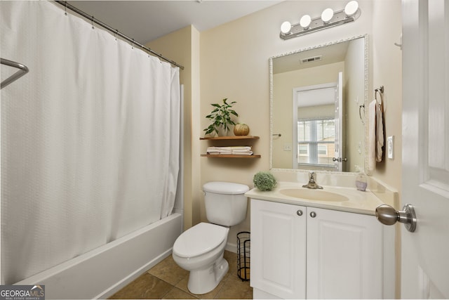 bathroom featuring tile patterned flooring, toilet, vanity, visible vents, and shower / bath combo with shower curtain