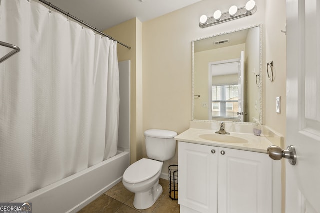 full bathroom with visible vents, toilet, shower / tub combo, vanity, and tile patterned floors