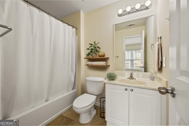 bathroom with shower / tub combo with curtain, visible vents, toilet, vanity, and tile patterned floors