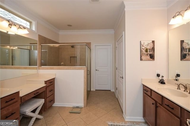 full bath featuring a stall shower, tile patterned flooring, ornamental molding, and vanity