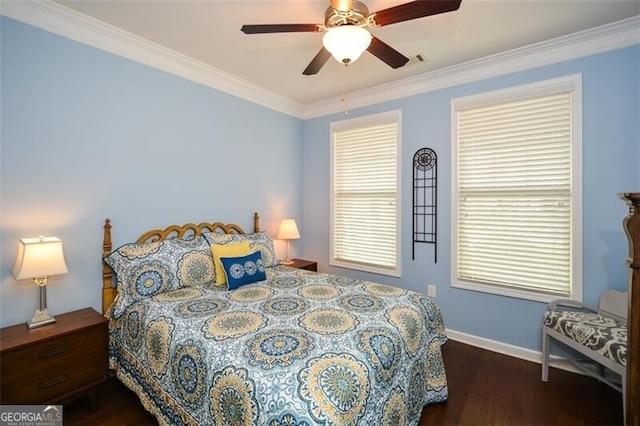 bedroom featuring a ceiling fan, baseboards, ornamental molding, and wood finished floors