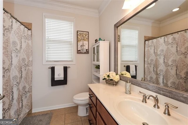 full bathroom with toilet, vanity, crown molding, and tile patterned floors