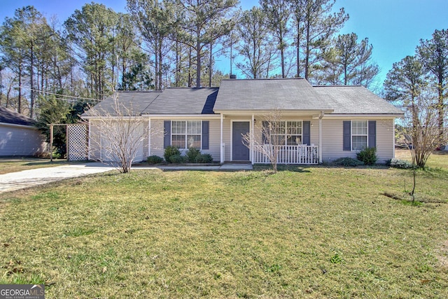 ranch-style house with a garage, a front yard, concrete driveway, and covered porch