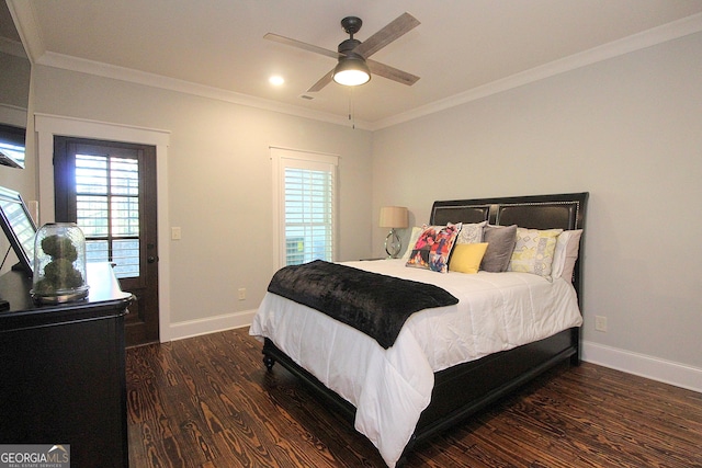 bedroom with ornamental molding, multiple windows, and wood finished floors