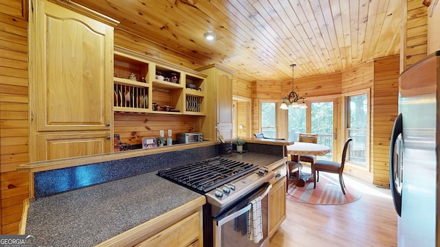 kitchen featuring light wood-style flooring, wood ceiling, stainless steel appliances, light brown cabinetry, and wood walls