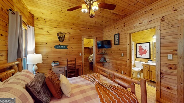 1650 Loving Rd, Morganton, GA 30560 - bedroom with a ceiling fan, wood walls, wooden ceiling, and ensuite bathroom